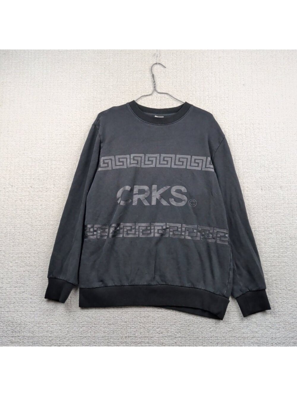 Y2K Crooks & Castles Crewneck Sweatshirt Black Greek Key Pattern Hip-Hop Sz L